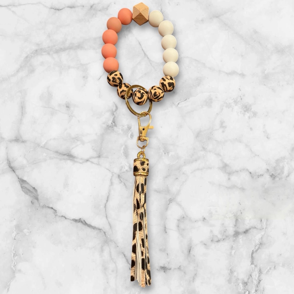 Leopard Print Beaded Keychain Bracelet with Tassel